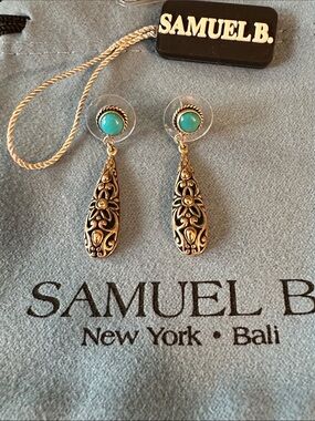 NWT Samuel B. Sleeping Beauty Turquoise and Silver Filigree Teardrop Earrings